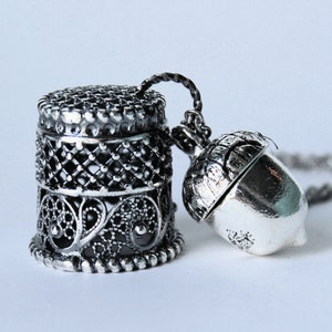 Peter Pan Antiqued Silver Finished Brass Thimble and Hidden Heart Acorn Necklace Peter Pan and Wendy Hidden Kisses II
