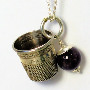 Antique Thimble and Acorn Kisses for Wendy Necklace and Earrings Set Solid Sterling Silver and Amethyst - Peter Pan and Wendy