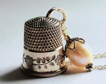 Antique Dogwood Thimble and Acorn Hidden Kisses Necklace Peter Pan and Wendy in Sterling Silver