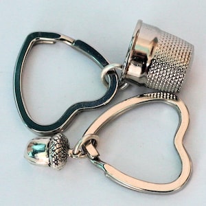Peter Pan Heart Key Ring SET Kiss Heart Love Thimble and Acorn Silver Tone, Men, Women, Sweetheart - Lover, Sister, Best Friend