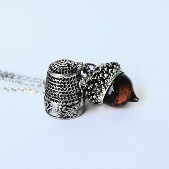Peter Pan Thimble and Acorn Kiss Necklace SET in Stainless Etsy