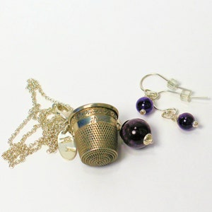 Antique Thimble and Acorn Kisses for Wendy Necklace and Earrings Set Solid Sterling Silver and Amethyst Peter Pan and Wendy image 2