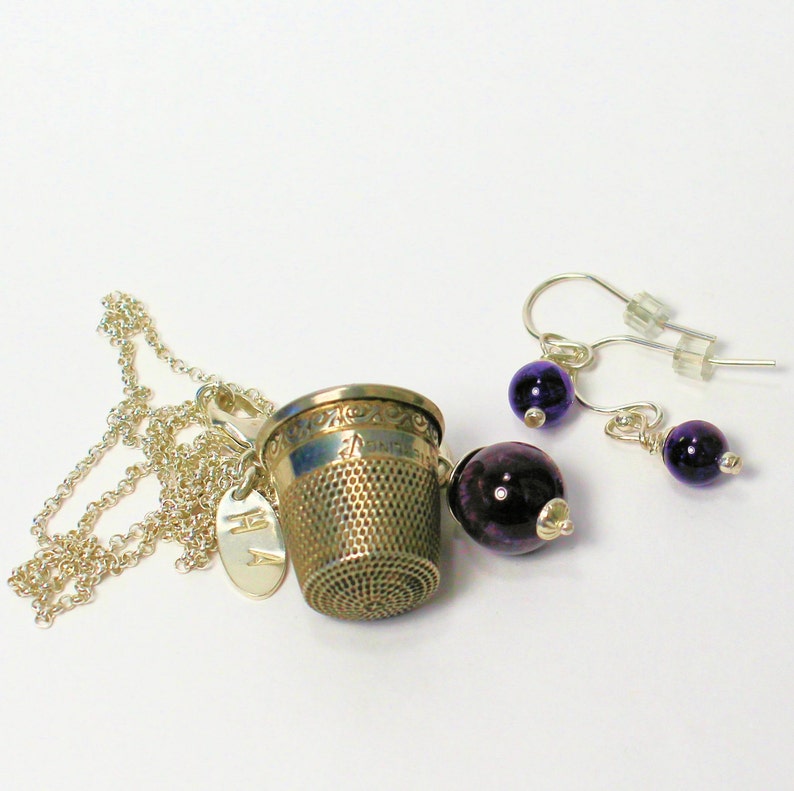 Antique Thimble and Acorn Kisses for Wendy Necklace and Earrings Set Solid Sterling Silver and Amethyst Peter Pan and Wendy image 2