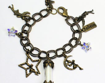 Peter Pan Tinkerbell Charm Braclet With Pixie Dust in Antiqued Brass and Glass Second Star Right