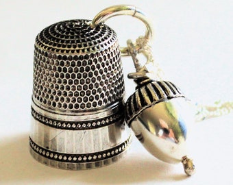 Antique Sterling Silver Thimble Necklace With Acorn Hidden Kisses Peter Pan and Wendy