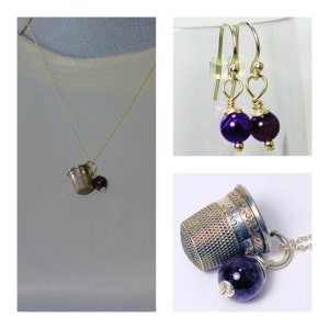 Antique Thimble and Acorn Kisses for Wendy Necklace and Earrings Set Solid Sterling Silver and Amethyst Peter Pan and Wendy image 4