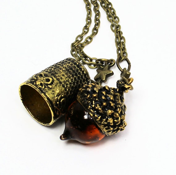 Peter Pan Thimble Acorn Kiss Necklace SET in Antique Bronze and