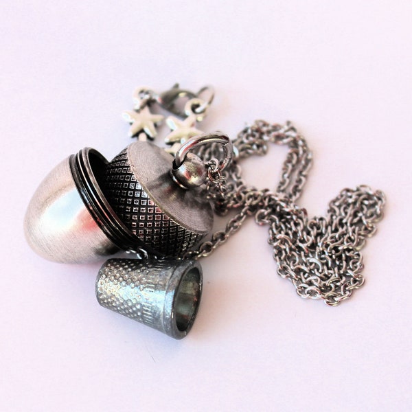 Acorn and Hidden Thimble Kisses Peter Pan Jewelry and Wendy Necklace VII In Shiny and Antiqued Silver With Stainless Steel Chain