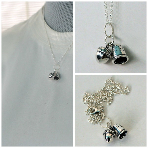 Acorn and Thimble Kisses Charm Necklace Peter Pan and Wendy in Sterling Silver