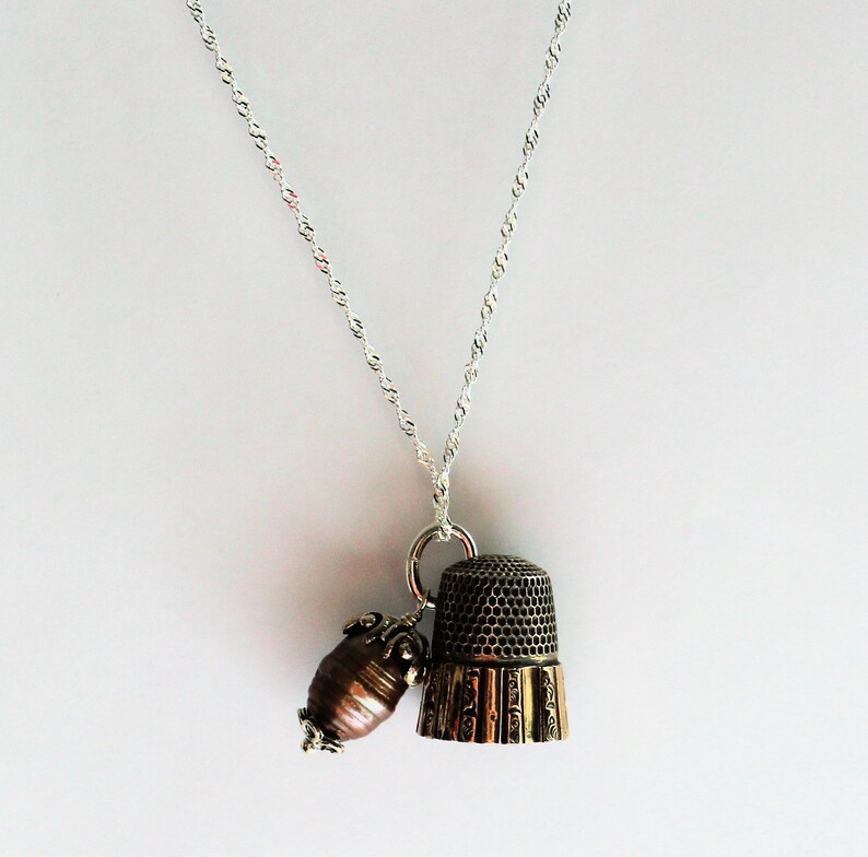 Thimble and Acorn Charm Necklace Peter Pan and Wendy Hidden Kisses Solid Sterling Silver and Freshwater Pearl image 4