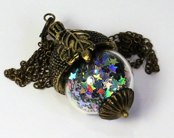 Peter Pan Acorn Necklace With Pixie Dust in Antiqued Brass and Glass Second Star Right