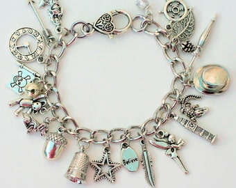 Peter Pan And Wendy Thimble and Acorn Kisses and Lost Boys Charm Bracelet in Silver Tone III - Second Star Right