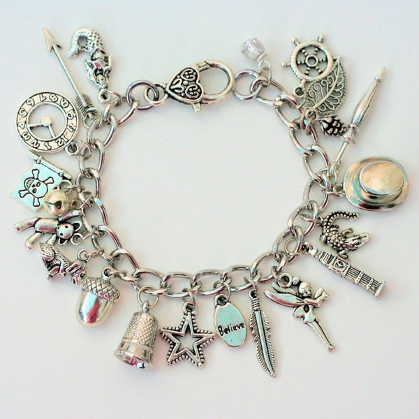 Peter Pan And Wendy Thimble and Acorn Kisses and Lost Boys Charm Bracelet in Silver Tone III - Second Star Right