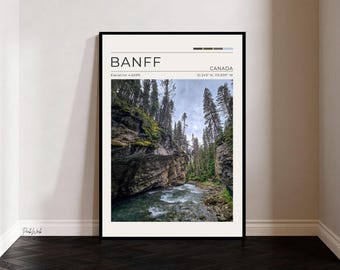 Johnston Canyon Banff Poster, Banff National Park Wall Art, Alberta Canada Waterfall Landscape Print, Vintage Travel Poster
