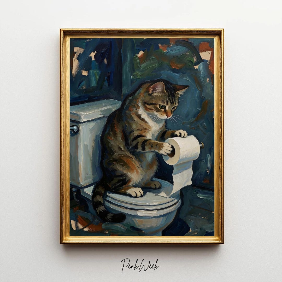 Funny Cat on Toilet Art Print, Bold Oil Bathroom Humor Decor (digital ...