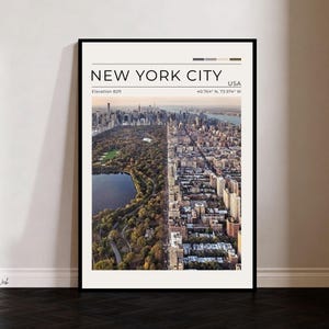 May include: A framed print of New York City, USA, featuring an aerial view of Central Park and the city skyline. The print includes the city's name, elevation, and coordinates. The artwork is displayed in a black frame.