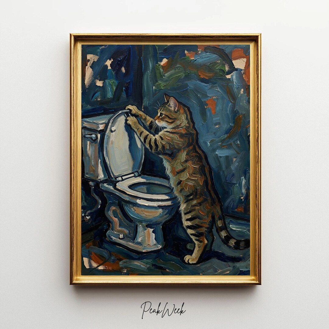 Funny Cat on Toilet Art Print, Bold Oil Bathroom Humor Decor (digital ...