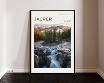 Sunwapta Falls Jasper Poster, Jasper National Park Wall Art, Alberta Canada Waterfall Print, Vintage Travel Poster, Nature Decor