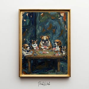May include: A framed painting shows a poker game with dogs and cats wearing sunglasses, smoking, and holding cards around a wooden table. The artwork has a dark, moody colour palette with a gold frame and the text "Peak Week" at the bottom.