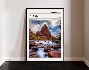 Zion National Park Poster, Court of the Patriarchs Print, Utah USA Wall Art, Vintage Travel Poster, Minimalist Nature Wall Decor