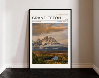 Grand Teton National Park Poster, Wyoming USA Wall Art, Snake River Overlook Landscape Print, Vintage Travel Poster, Mountain Wall Decor