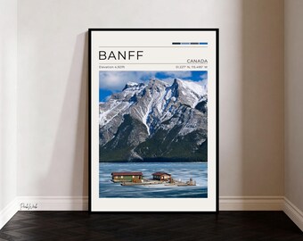 Lake Minnewanka Banff Poster, Banff National Park Wall Art, Alberta Canada Mountain Lake Print, Vintage Travel Poster, Nature Decor