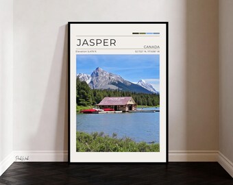 Maligne Lake Jasper Poster, Jasper National Park Wall Art, Alberta Canada Mountain Lake Print, Vintage Travel Poster