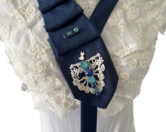 Upcycled Blue Ribbon Necktie with Lace and Jewel Embellishments