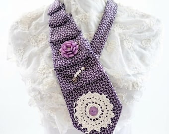 Vintage Purple Necktie Scarf with Crochet Lace and Embellishments One Size