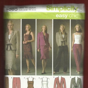 May include: Simplicity Easy Chic sewing pattern featuring various women's outfits. The pattern includes a blazer, skirt, pants, and tops in different styles. The outfits are displayed on models, showcasing the design options.