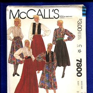 1980&#39;s McCalls 7800 Retro Peasant Vest Ruffled Blouse & Full Dirndl Skirt Size 8 UNCUT