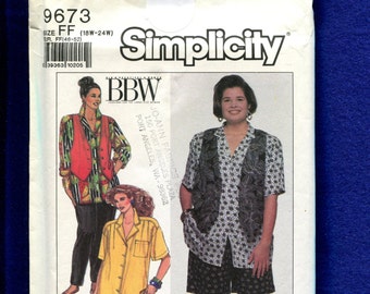 Simplicity 9673 Notched Collar Shirts Vests & Tapered Leg Pants BBW Size 18W to 24W UNCUT