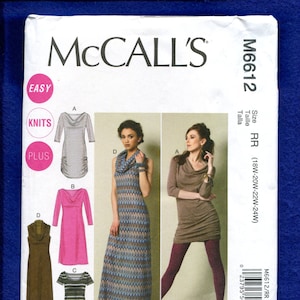 May include: Sewing pattern for a dress with a cowl neck and long sleeves. The pattern is for sizes 18W-20W-22W-24W. The pattern is called McCall's M6612 and is labeled as easy and for knits.
