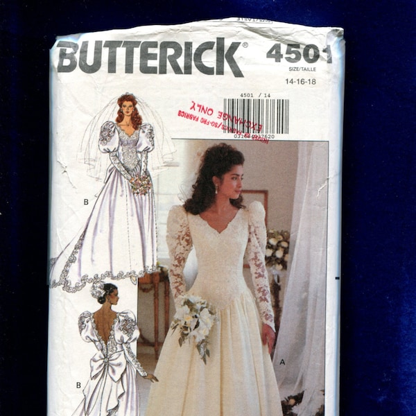 1980's Butterick 4501 Elegant Wedding Gown with Chapel Train & Lace Appliques Size 14..16..18 UNCUT