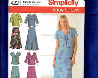 Simplicity 4221 Blouses with V Neck & A-Line Skirts Size 20W to 28W UNCUT