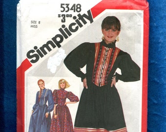 1980's Simplicity 5348 Country Western Fitted Bodice Dress with High Collar & Puff Sleeves Size 8 UNCUT