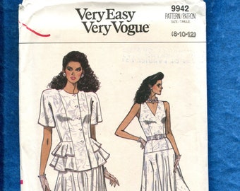 1980's Vogue 9942 Fit & Flared Dress and Jacket with Peplum Pattern Size 8..10..12 UNCUT