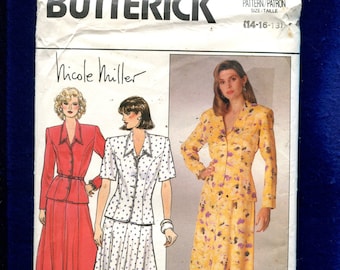 1980's Butterick 3722 Nicole Miller Retro Strong Shoulder Jacket & Flared Skirt Size 14..16..18 UNCUT