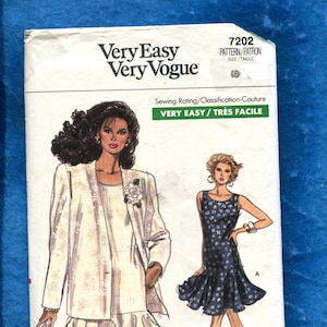 May include: A vintage sewing pattern from Very Easy Very Vogue. The pattern features illustrations of two women's outfits: a white jacket and skirt ensemble and a navy blue floral dress. The pattern is size 18 and rated Very Easy.