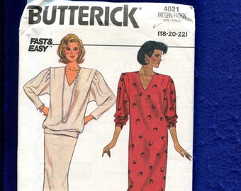 1980's Butterick 4021 Retro V Neck Dress or Top with Strong Shoulder & Tapered Sleeves Size 18..20..22 UNCUT