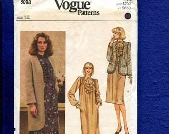 1980's Vogue 8098 Retro Dress with Jabot & Jacket Pattern Size 12 UNCUT