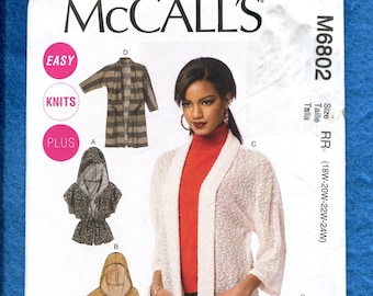 McCall's 6802 Kimono Style Hooded Jackets Size 18W to 24W UNCUT
