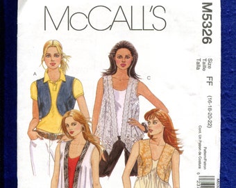 McCall’s 5326 Boho Chic Vests Pattern Taille 16 à 22 non coupée