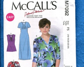 McCall's 7092 Empire Waist Dress & Top with V Neckline  Size 16 to 24 UNCUT