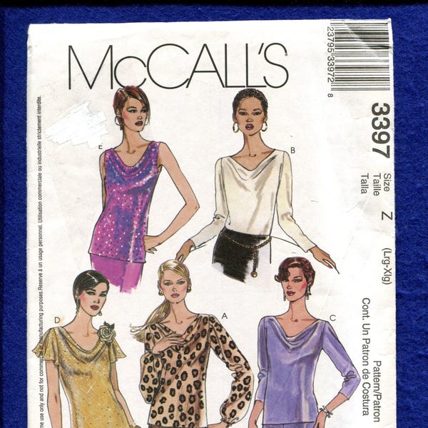 McCalls 3397 Draped Neckline Evening Tops Size L..XL UNCUT