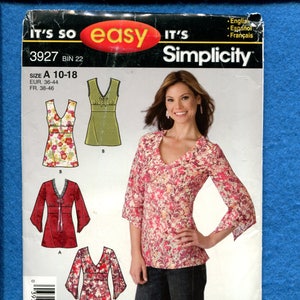 Simplicity 3927 Spring & Summer V Neck Tops Pattern Size 10 to 18 UNCUT