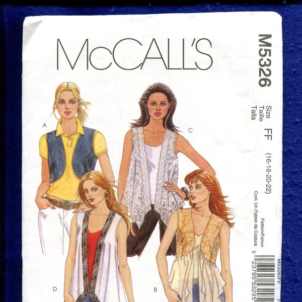 McCall's 5326 Boho Chic Vests Pattern Size 16 to 22 UNCUT