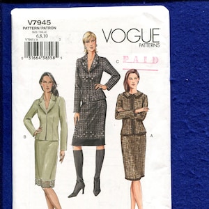 May include: Vogue Patterns sewing pattern V7945 featuring three women's suit designs. The pattern includes a skirt suit with a jacket and knee-high boots, a skirt suit with a long jacket, and a skirt suit with a collared jacket. The pattern size is 6, 8, and 10.