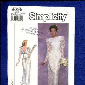Modello per abito da sposa aderente con maniche a sbuffo Simplicity 9099 anni &#39;80, taglia 14-20, NON TAGLIATO