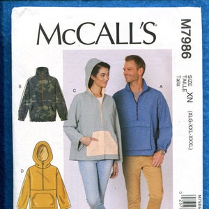 McCall's 7986 Loose Fitting Hooded Pullover Jackets Unisex Pattern Size XL..XXL..xxxL UNCUT